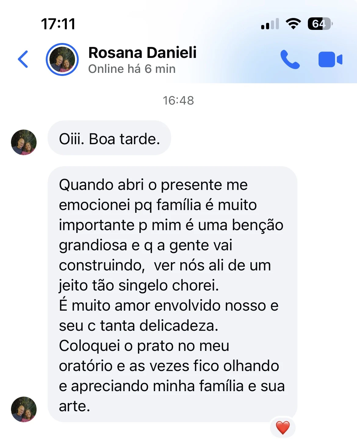 Mensagem de Rosana Danieli sobre a emoção ao receber um prato que representa sua família
